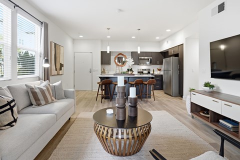 A modern living room with a white couch and a wooden coffee table.