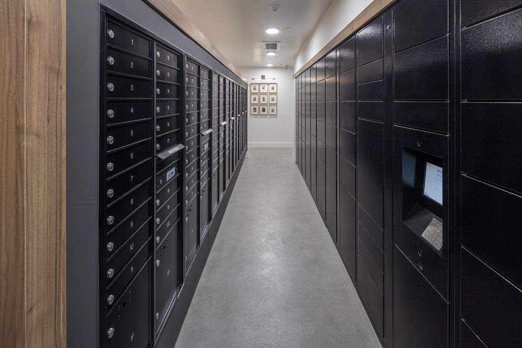 a view down a long hallway of black lockers with a white wall in the background
