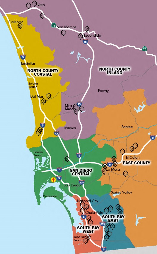 a map of the south county area with different colored neighborhoods and highways