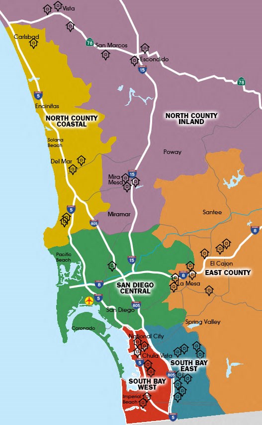 a map of the south county area with different colored neighborhoods and highways