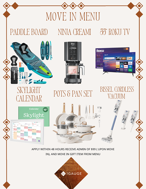 A poster advertising a move-in menu with various items such as a paddleboard, ninja cream, and a roku TV.