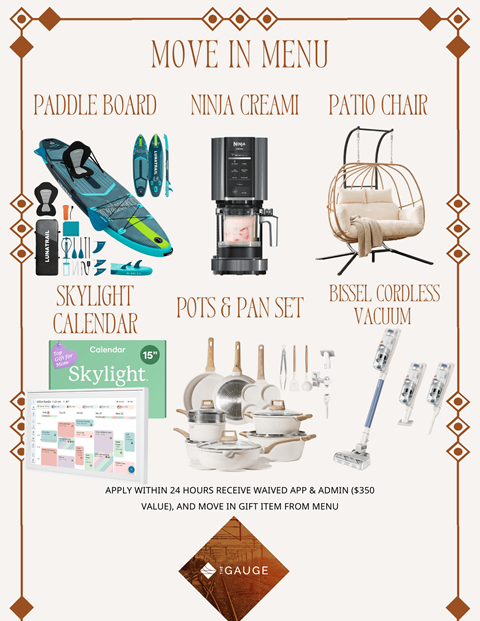 A flyer advertises a move-in menu with items such as a paddleboard, patio chair, and vacuum.