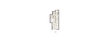 A floor plan of an apartment with a living room, kitchen, bathroom, and bedroom.