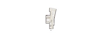 A floor plan of a room with a living area, kitchen, and bathroom.