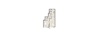 A floor plan of a 1B-F apartment with a living room, bedroom, bathroom, kitchen, and laundry room.
