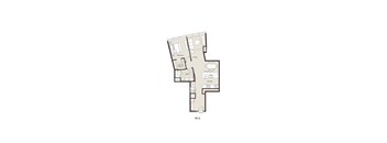 A floor plan of a house with a bedroom, bathroom, kitchen, and living room.