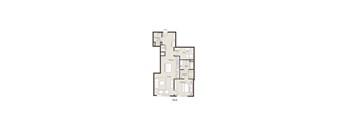 A floor plan of an apartment with a living room, kitchen, and bedrooms.