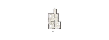 A drawing of a house plan with a living room, kitchen, two bedrooms and a bathroom.