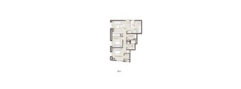 A floor plan of an apartment with a living room, kitchen, and two bedrooms.