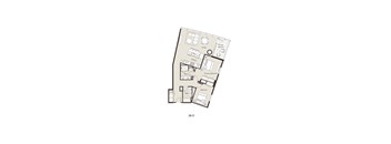 A floor plan of a 2B-D apartment with a living room, kitchen, two bathrooms, a primary bedroom, and a bedroom.
