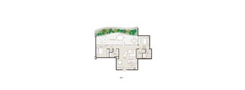 A floor plan of a home with a living room, kitchen, and two bedrooms.