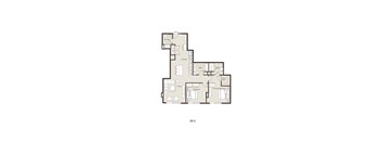 A floor plan of a house with a living room, kitchen, two bathrooms, and two bedrooms.