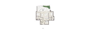 A floor plan of a home with a living room, two bedrooms, a bathroom, a laundry room, a kitchen, a pantry, and a private balcony.