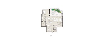A floor plan of a house with a private balcony and a bath.