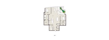 A floor plan of an apartment with a living room, two bedrooms, a bathroom, a kitchen, a laundry room, and a private balcony.