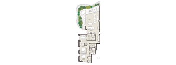 A floor plan of a house with a living room, two kitchens, and multiple bathrooms.