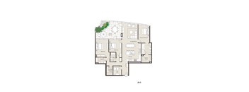 A floor plan of an apartment with a private balcony and two bedrooms.