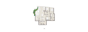 A floor plan of a home with a living room, dining room, kitchen, and two bedrooms.