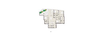 A floor plan of a 3B-F apartment with a living room, dining room, kitchen, and multiple bathrooms.