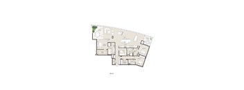 A floor plan of a house with a living room, kitchen, and bathrooms.