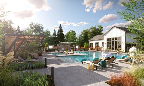 A pool area with people relaxing and a building in the background.