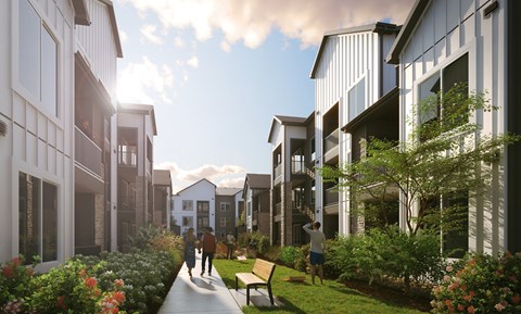 A modern residential area with people walking and talking.