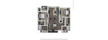 A floor plan of a two-bedroom apartment with a living room, kitchen, and bathroom.