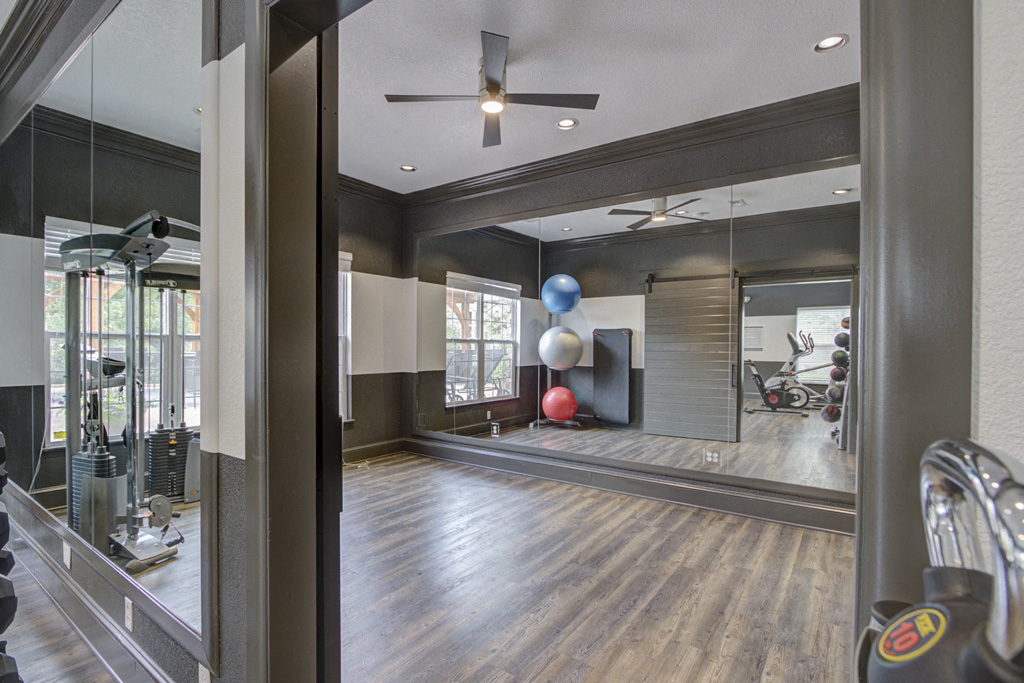 Fitness center with weights and medicine ball
