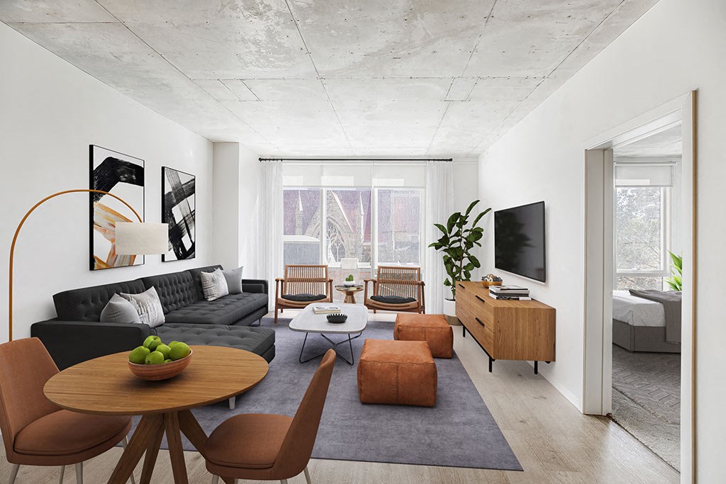 a living room with a couch and a table and a television