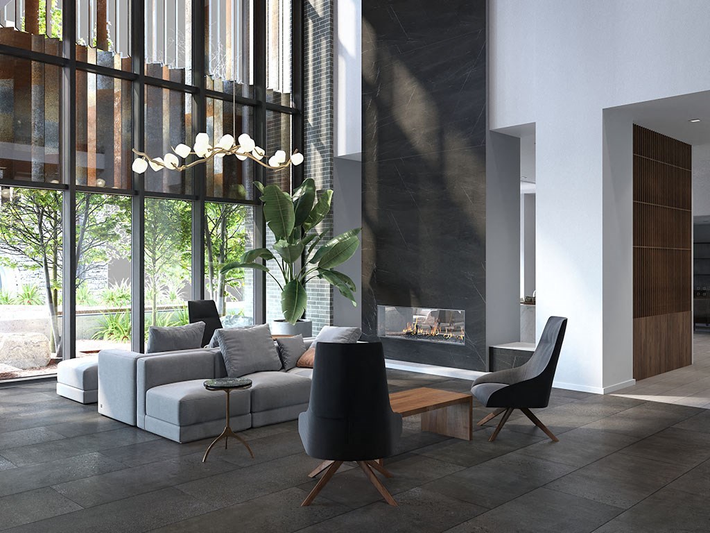 a living room with a couch and a table and a fireplace