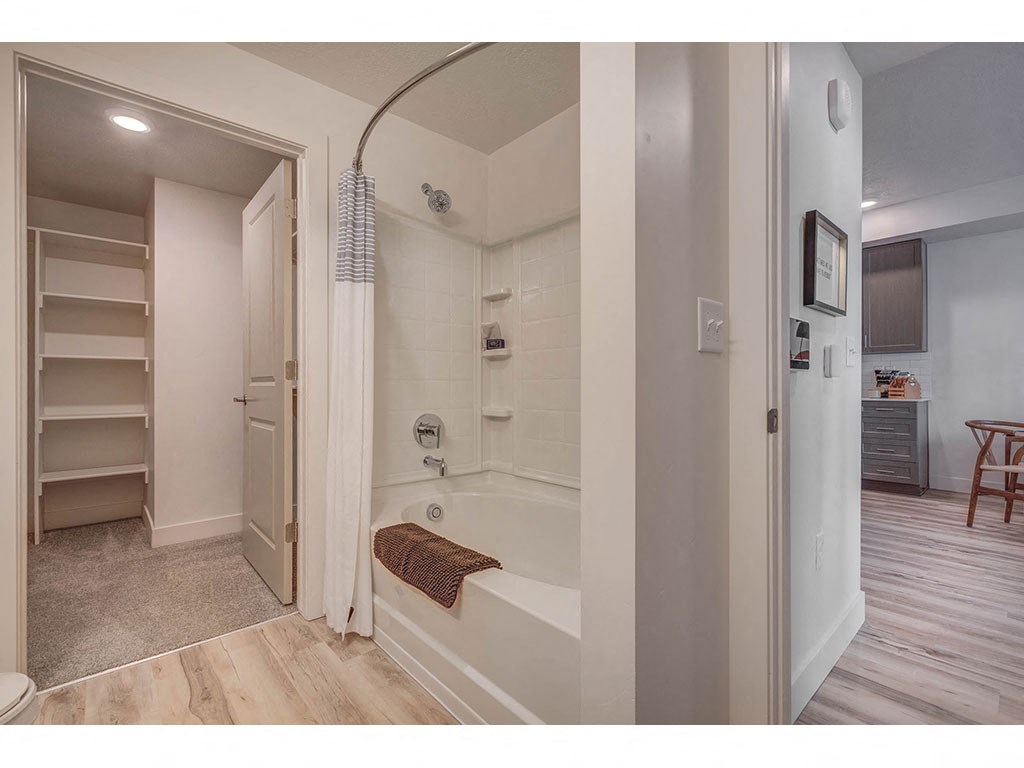 a bathroom with a tub and a closet
