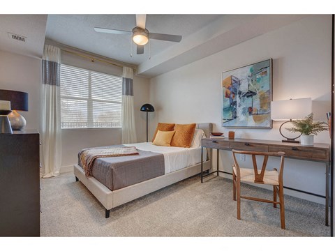 a bedroom with a bed and a desk