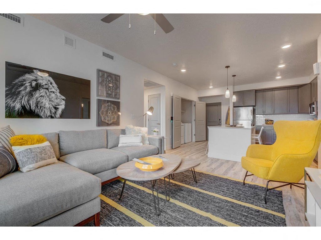 a living room with a couch and a table