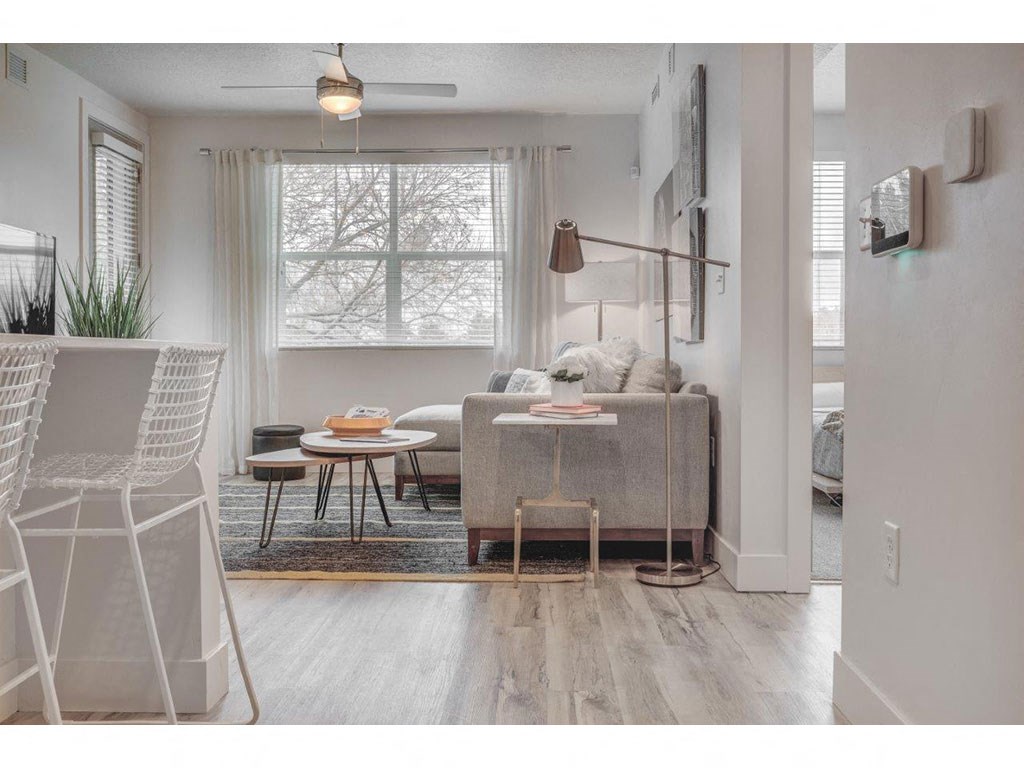 a living room with a couch and a window