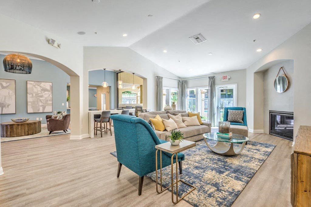 Clubhouse with chairs  at Stone Canyon Apartments, California