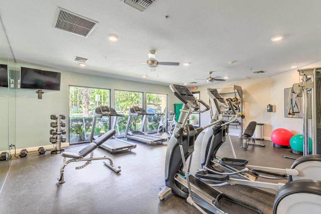 Equipped Fitness Center with Various Cardio and Weight Machines Fitness Center with Various Cardio and Weight Machines at Stone Canyon Apartments, California