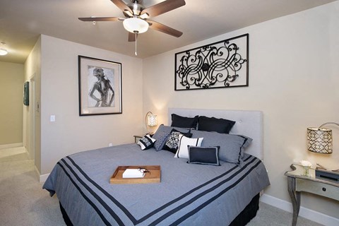 a bedroom with a large bed and a ceiling fan