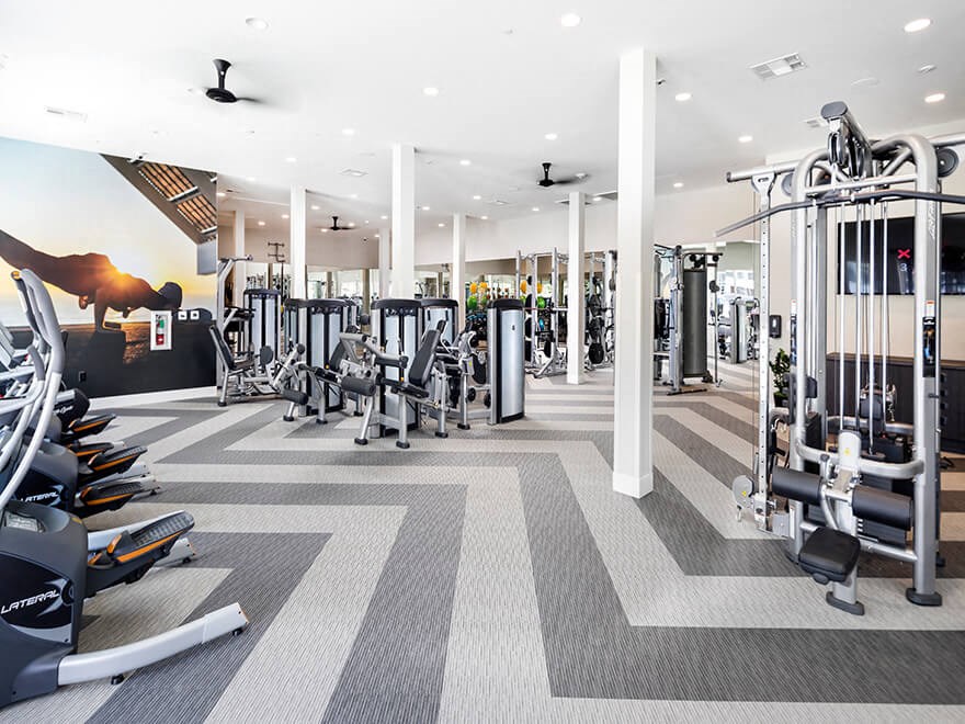 a gym with weights and cardio equipment in aria resort and spa