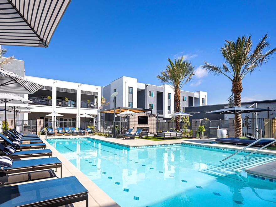 a swimming pool at a hotel with palm trees