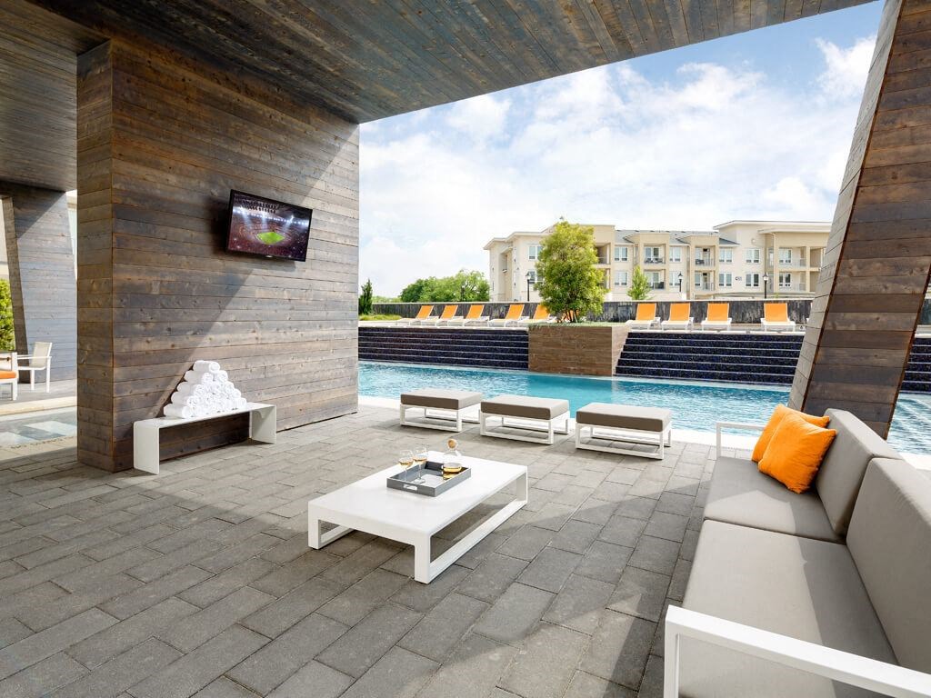 outdoor lounge area near pool