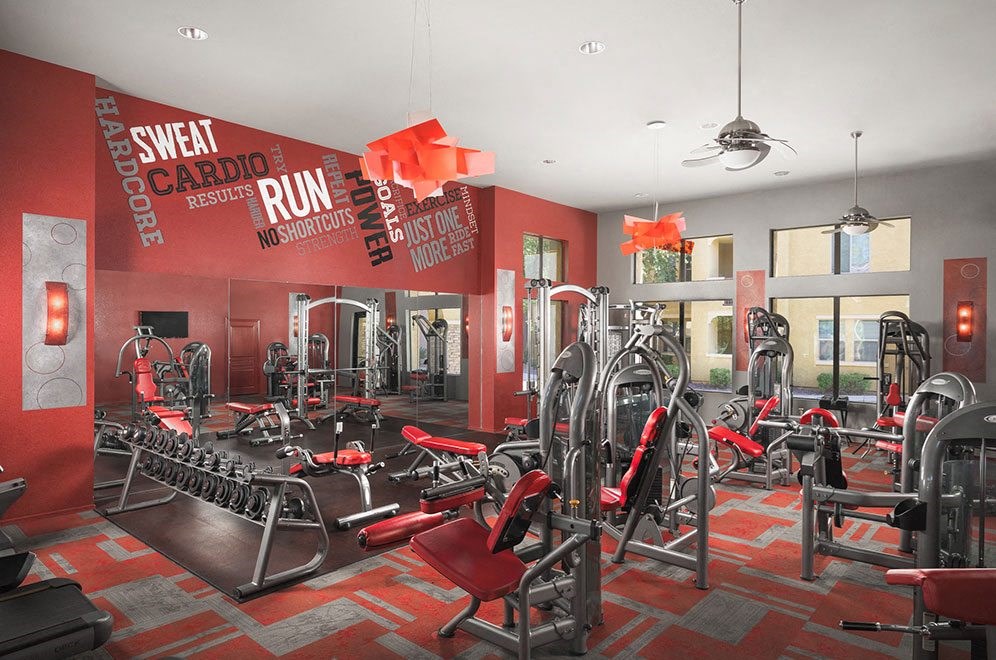 24 hour fitness center with cardio equipment and weights