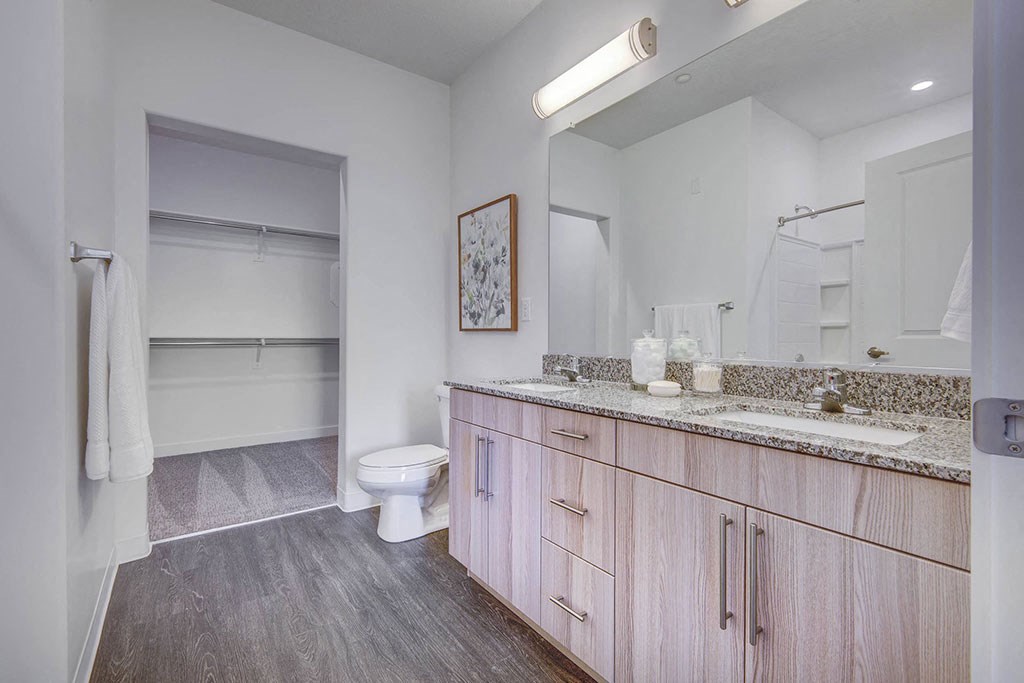 a bathroom with a large mirror and a toilet