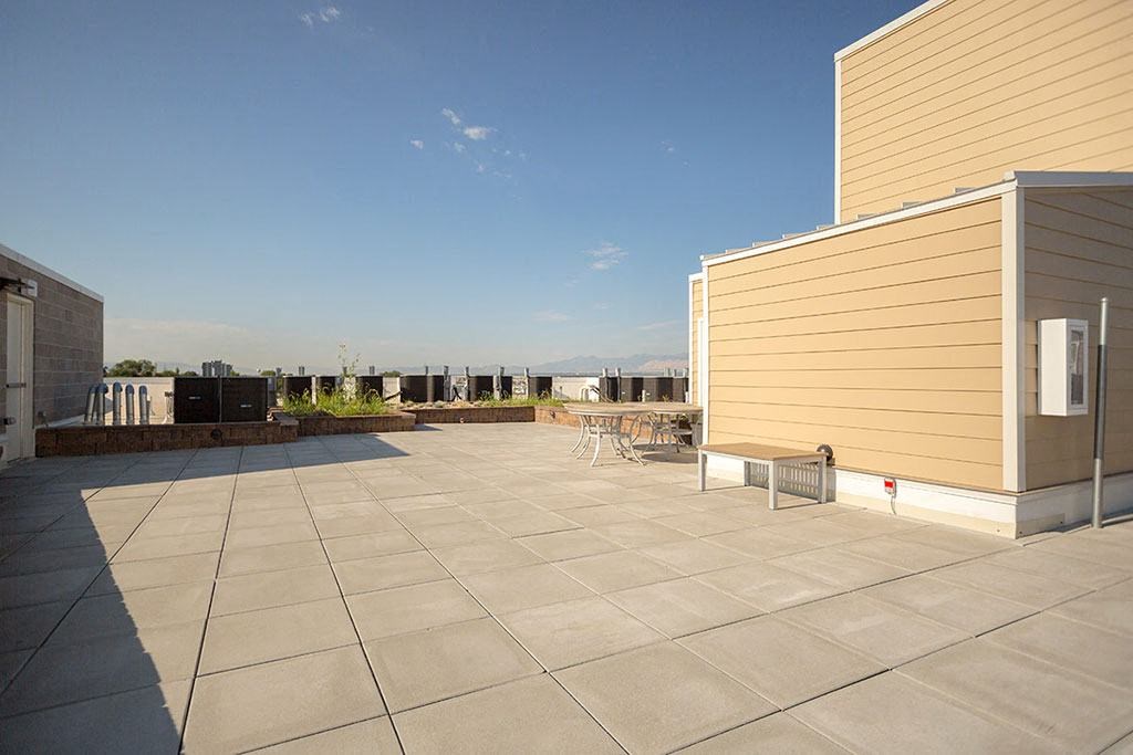the patio on the top of the building is empty