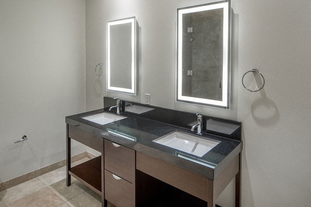 Renovated Bathrooms With Quartz Counters at The Wyatt, Portland