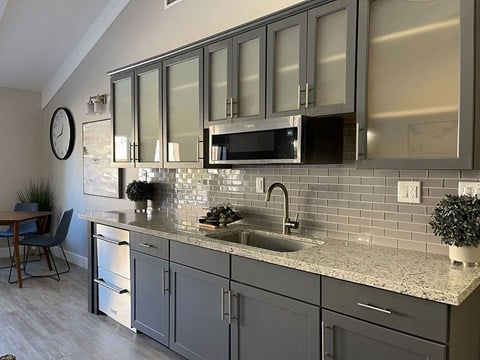 a kitchen with gray cabinets and a counter top
