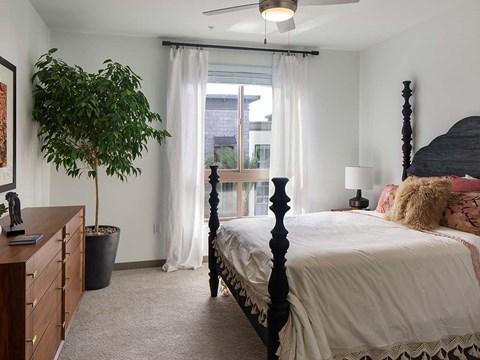 a bedroom with a bed and a potted plant