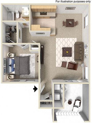 715 sq.ft. B 1X1, 3d Floorplan, at Sunbow Villas, 750 Paso De Luz, CA