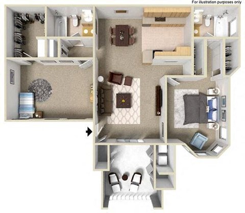 1050 sq.ft. E 2x2, 3d Floorplan, at Sunbow Villas, 750 Paso De Luz, CA