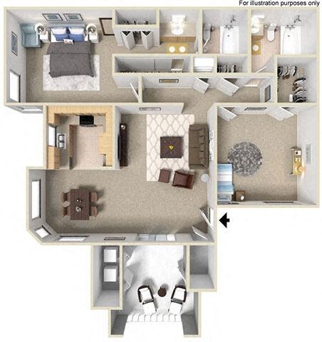 1020 sq.ft. D 2x2 Floorplan, at Sunbow Villas, 750 Paso De Luz, CA