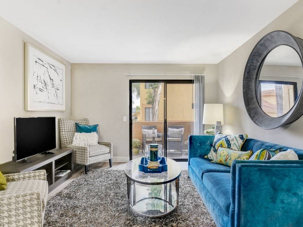 Living Room With Private Balcony at Altair, Escondido, CA